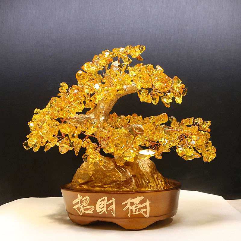 天然黄水晶招财树发财树招財金色盆摆件酒柜装饰品家居客厅摇钱树