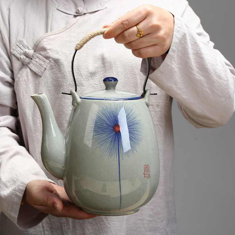 2升陶瓷大茶壶手绘复古泡茶壶凉水壶铁制手柄提梁壶餐厅水壶