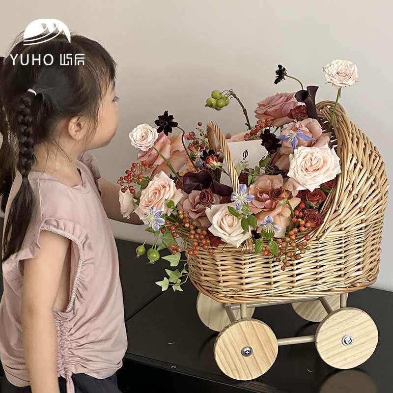 出口欧美爆款日式材料婴儿家居装饰花篮屿设计插花小推车 零售