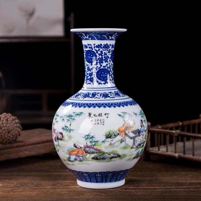 景德镇青花五彩陶瓷花瓶 家居客厅中式瓷器摆件 玄关软装工艺品