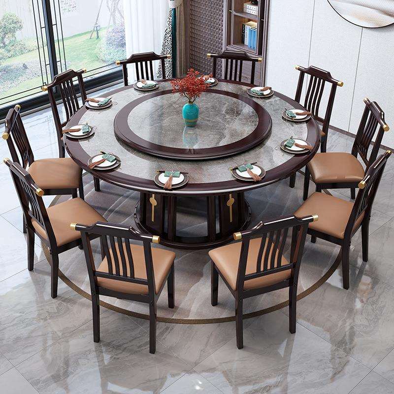 新中式实木岩板餐桌10人家用小户型圆形饭桌带转盘1.8米酒店圆桌