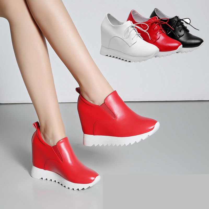 秋季内增高10cm女鞋红色高跟真皮松糕厚底一脚蹬运动小白休闲单鞋