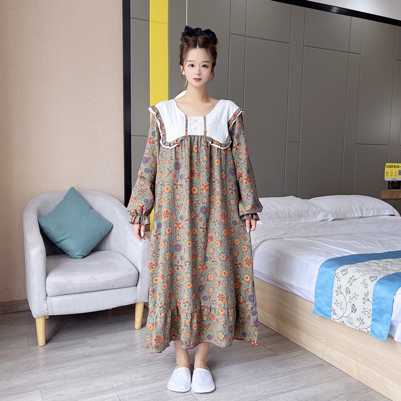 公主风碎花大码睡裙女200斤春秋长袖纯棉甜美孕妇睡衣居家连衣裙