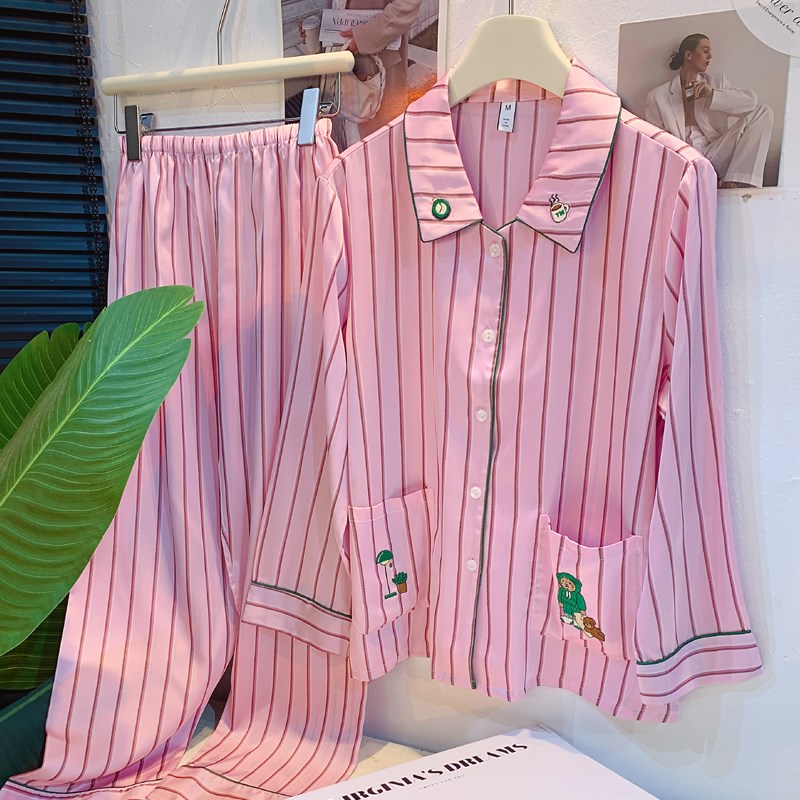 睡衣女春秋季冰丝长袖可爱卡通2024年新款高级感丝绸家居服套装冬