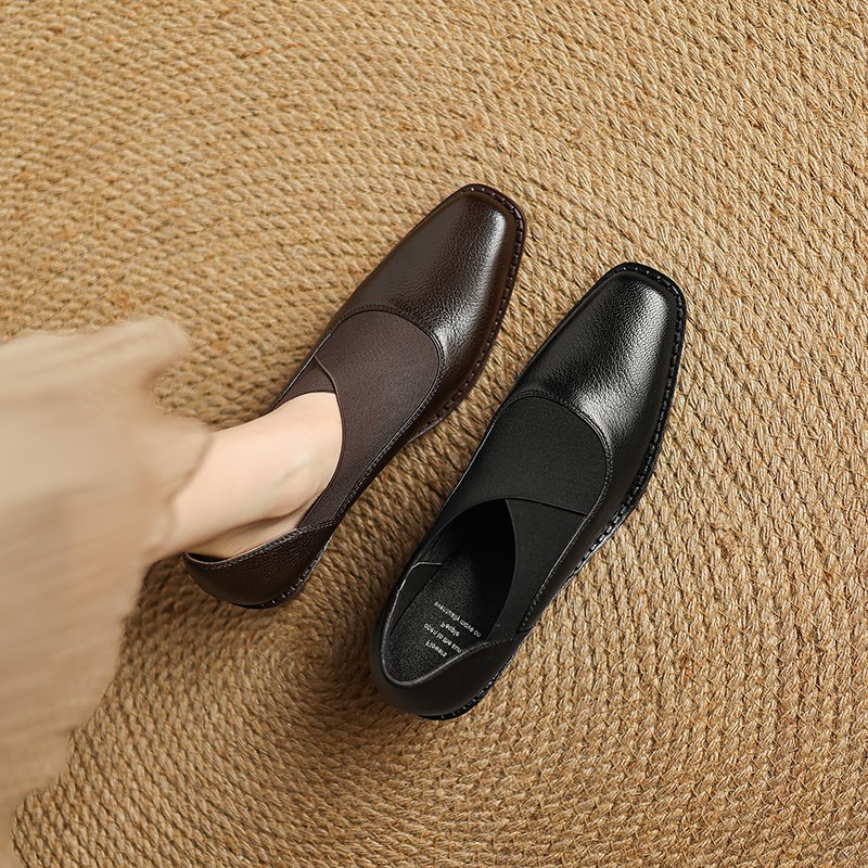 Nai Jiu 生活小调~真皮粗跟方头高跟深口单鞋女羊皮法式小皮鞋春