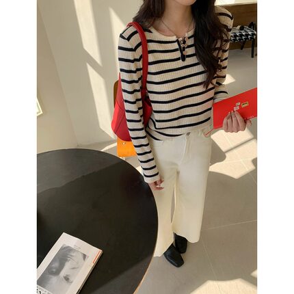 新款 thMorning早春法式气质撞色条纹半开领针织衫ZY毛针织衫202