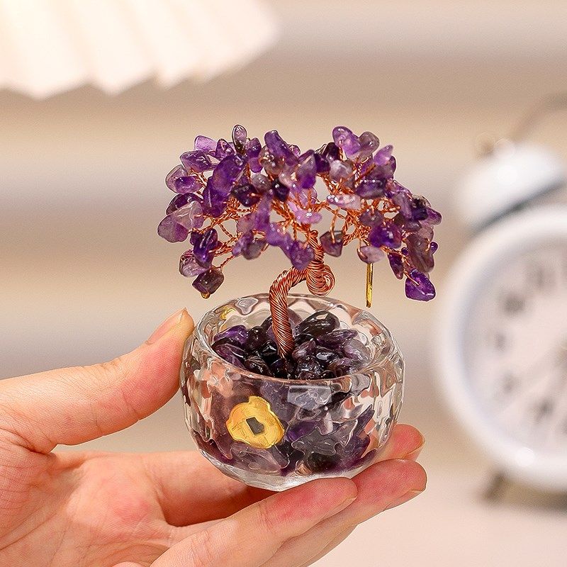 天然紫水晶发财树摆件p客厅玄关桌面装饰办公室工位摇钱树节日礼