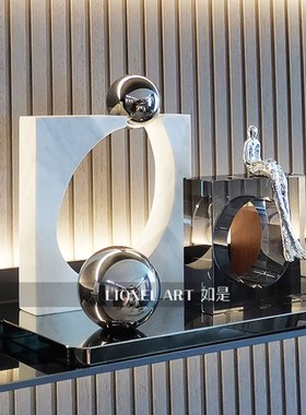 如是简约现代大理石正方圆形摆件样板房客厅书房玄关软装饰品