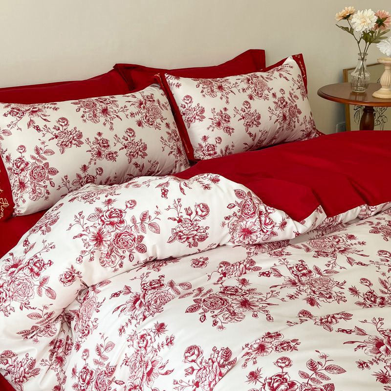 奢华欧式婚庆四件套大红色床单被套新婚全棉结婚床上用品