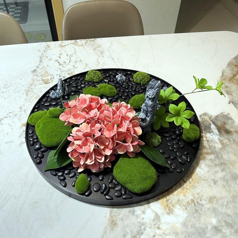 酒店包间圆形餐桌转盘中间装饰摆件假山手感绣球假花艺微景观盘景