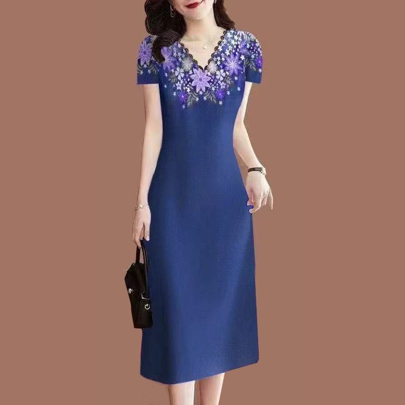 2025新款高档印花夏季女连衣裙V领短袖修身显瘦中长款妈妈礼服裙