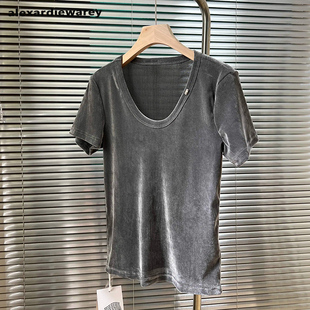 欧货2025夏季 正肩短袖 微透打底衫 T恤修身 丝绒上衣女 圆领短袖 美式