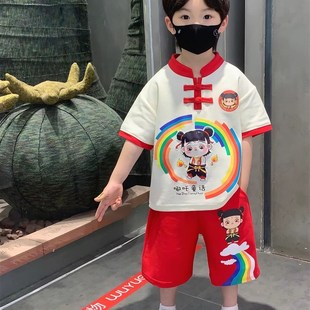 哪咤儿童衣服中式汉服2025新款男童夏季套装男孩国潮宝宝夏装唐装