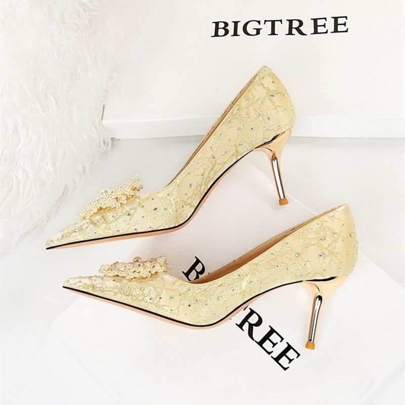 婚鞋女高跟鞋浅口尖头水钻珍珠花朵仙女风大码金色婚纱鞋宴会单鞋,女鞋,婚鞋,淘宝优惠券,粉丝福利购,淘宝优惠卷