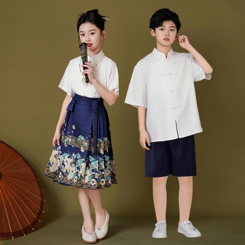 女童古装汉服裙中国风薄款短袖马面裙小女孩唐装儿童明制套装夏季图片