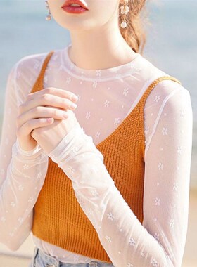 白色冰丝防晒衣女夏季薄款学生长袖t恤上衣内搭花朵网纱打底罩衫