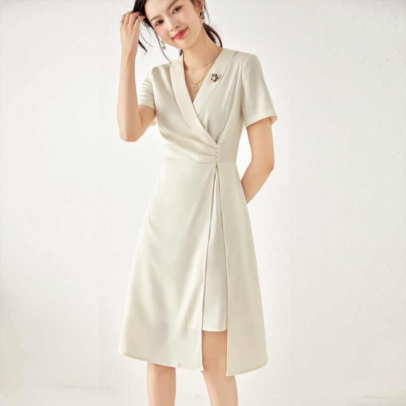 气质通勤V领短袖皱褶收腰开叉纯色中长款修身显瘦简约连衣裙夏季