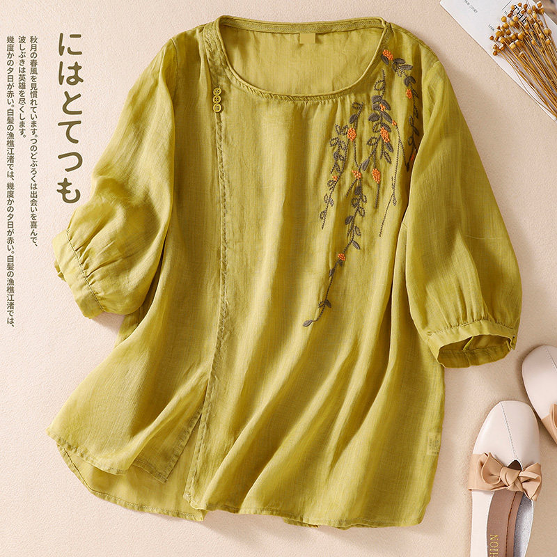 夏季新款刺绣花纯色苎麻宽松显瘦T恤亚麻上衣女士百搭中袖衬衣潮