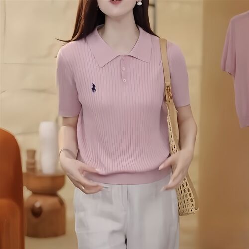 2025夏季新款时尚百搭翻领薄款女士冰丝衫气质针织短袖上衣