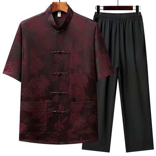 唐装男中老年短袖爸爸夏装中国风仿绸缎红色衬衫薄款爷爷汉服套装