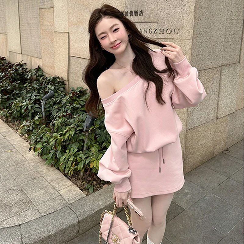 粉色卫衣套装连衣裙子女2025新款春季小个子香风韩系穿搭气质短裙