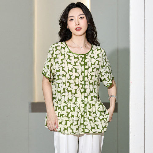 大码女装200斤胖妹妹夏装洋气时尚短袖T恤衫胖mm时髦洋气雪纺上衣