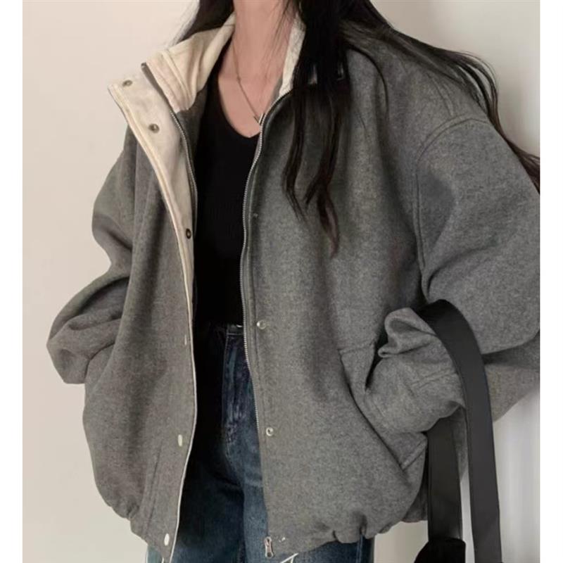 灰色感上衣女chic冬季2025新款法式复古翻领宽松毛呢外套大衣