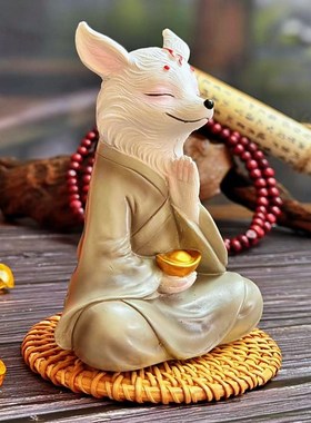 白色九尾狐狸小摆件多肉植物花盆造景治愈系解压情V绪汽车载装饰