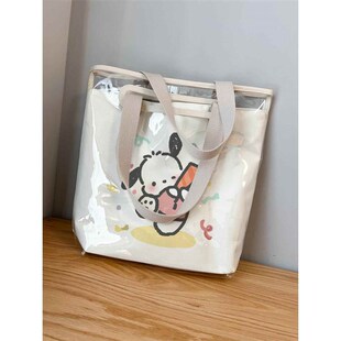 帕恰狗布丁d帆布包单肩手提袋带拉链封口款防水透明果冻包包学生