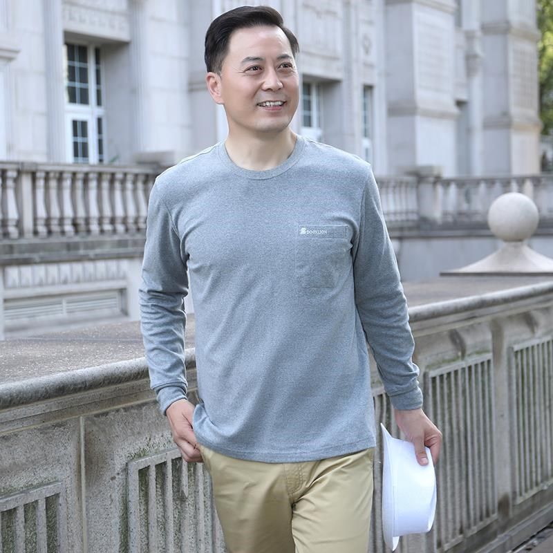 秋装中年男士全棉长袖T恤宽松大码父亲老年人圆领秋衣外穿薄
