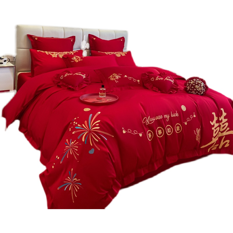 婚庆四件组大红色床单100全棉被套少女心结婚婚房刺绣床品