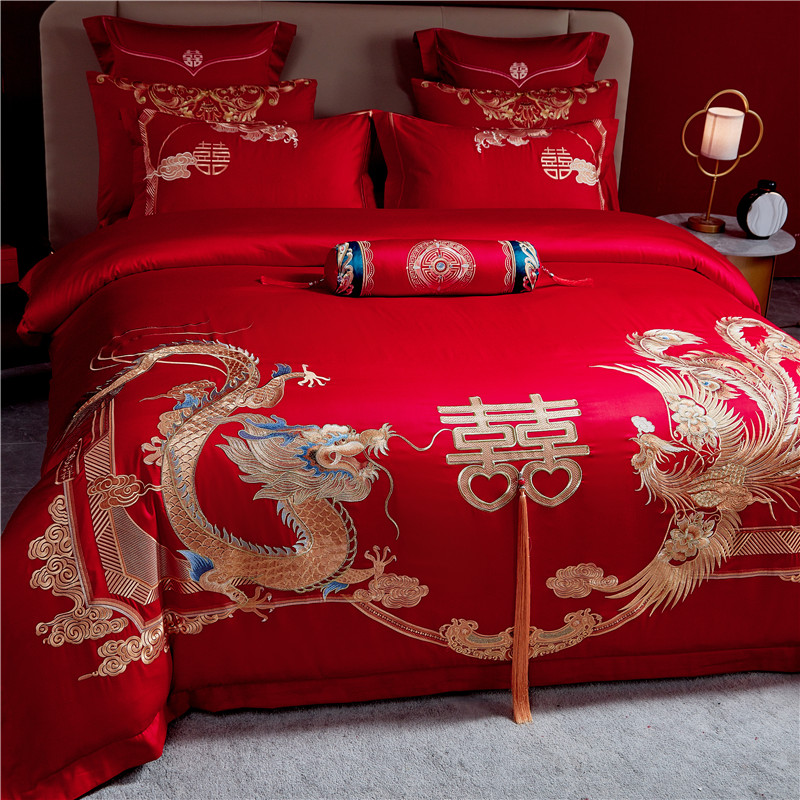 奢华龙凤刺绣酒红色四件套全棉被套床单结婚庆六件套床品