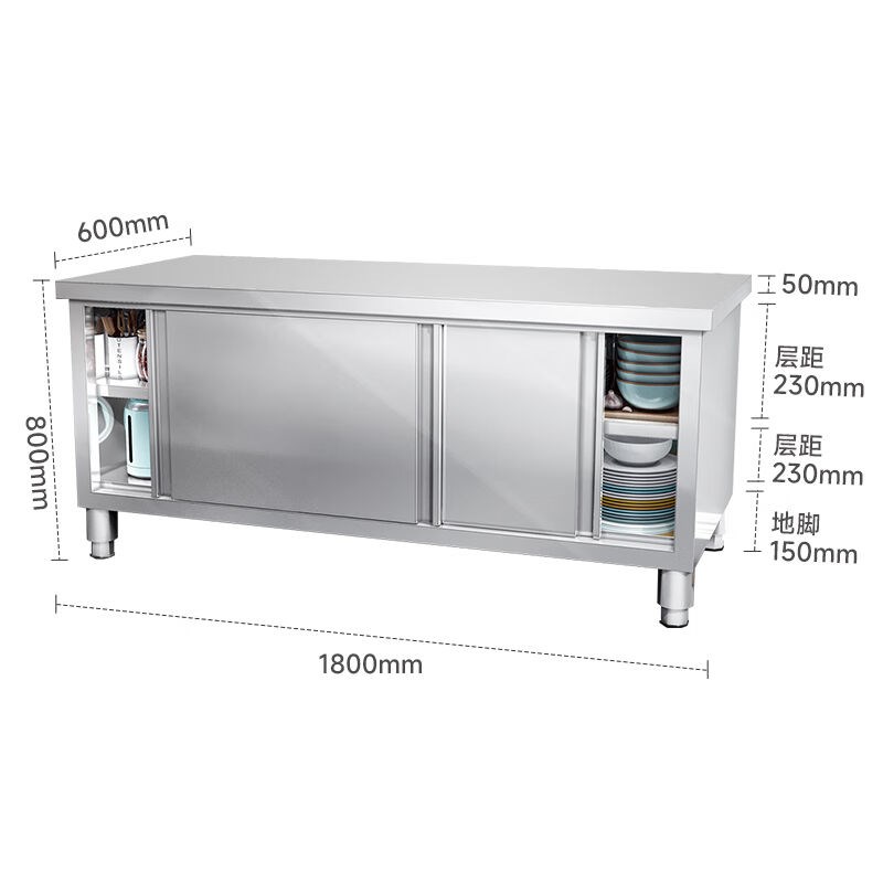 新款不锈钢打荷台推拉门工作台厨房操作台储物柜切菜桌子案板单通