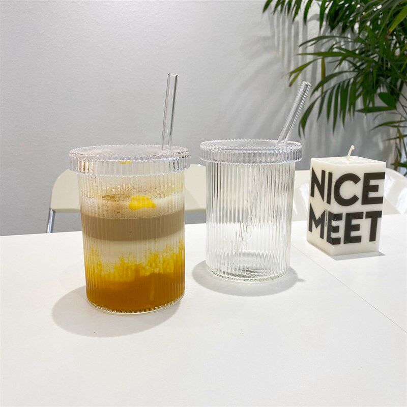 ins简约竖纹玻璃水杯吸管杯果汁咖啡杯带盖大容量耐热好看的杯子