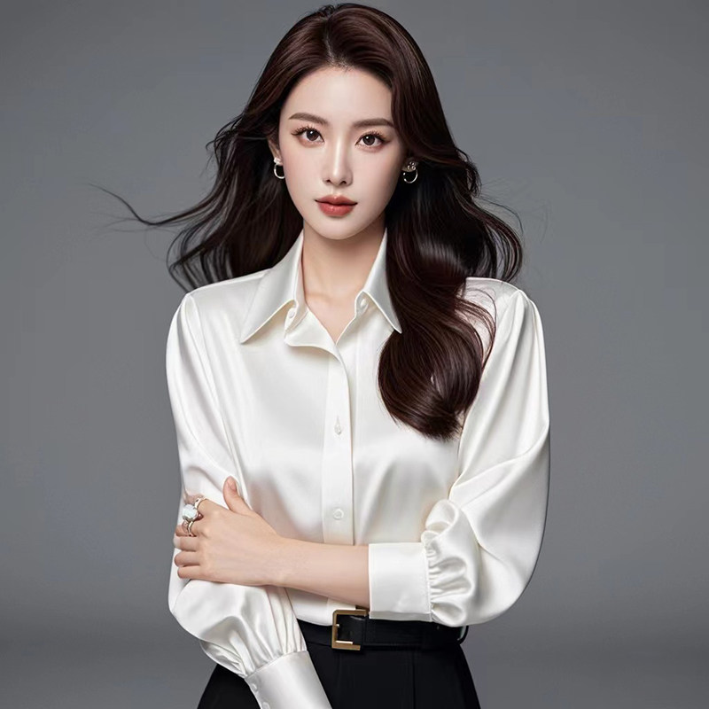 2024秋季新款高级感重磅醋x酸缎面衬衫女长袖百搭职业宽松正装衬