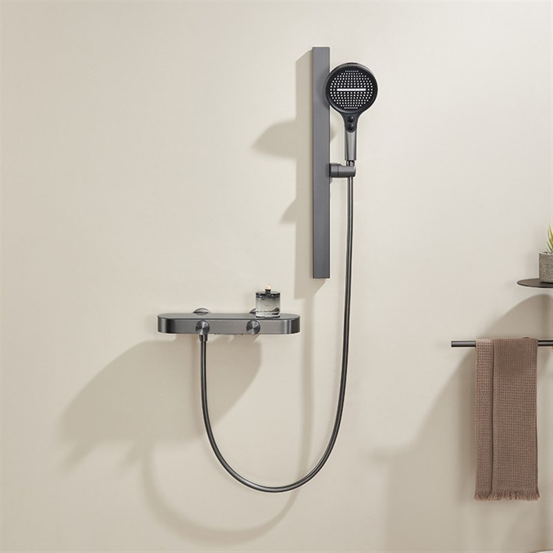极简花洒简易无顶喷枪灰色增压全铜极简置物家用淋浴器浴室卫生间