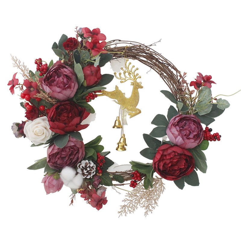 秋冬新款人造花环圣诞节万圣节丰收节牡丹浆果棉花花环门环
