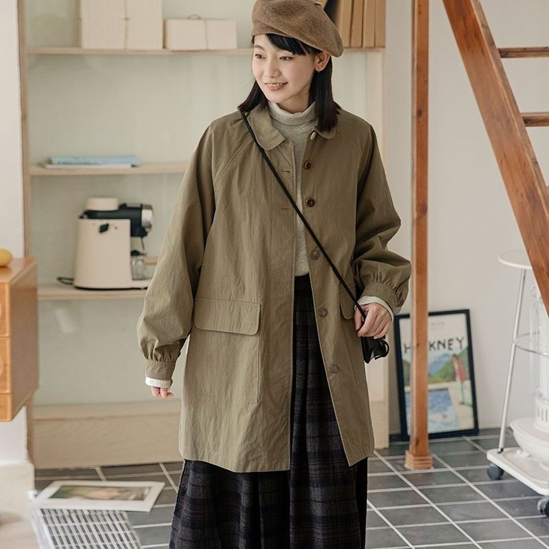 理想岛 青果领插肩袖风衣女秋季新款日系设计感小个子中长款外套