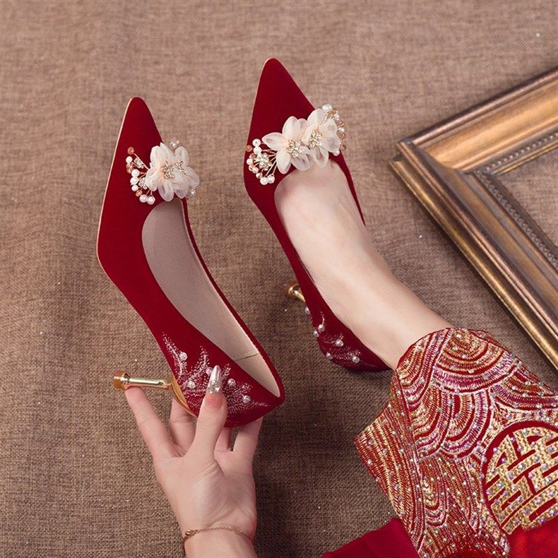 细跟婚鞋孕妇新娘鞋女禾秀主婚纱两穿不累脚浅口酒红色高跟鞋单鞋,女鞋,婚鞋,淘宝优惠券,粉丝福利购,淘宝优惠卷