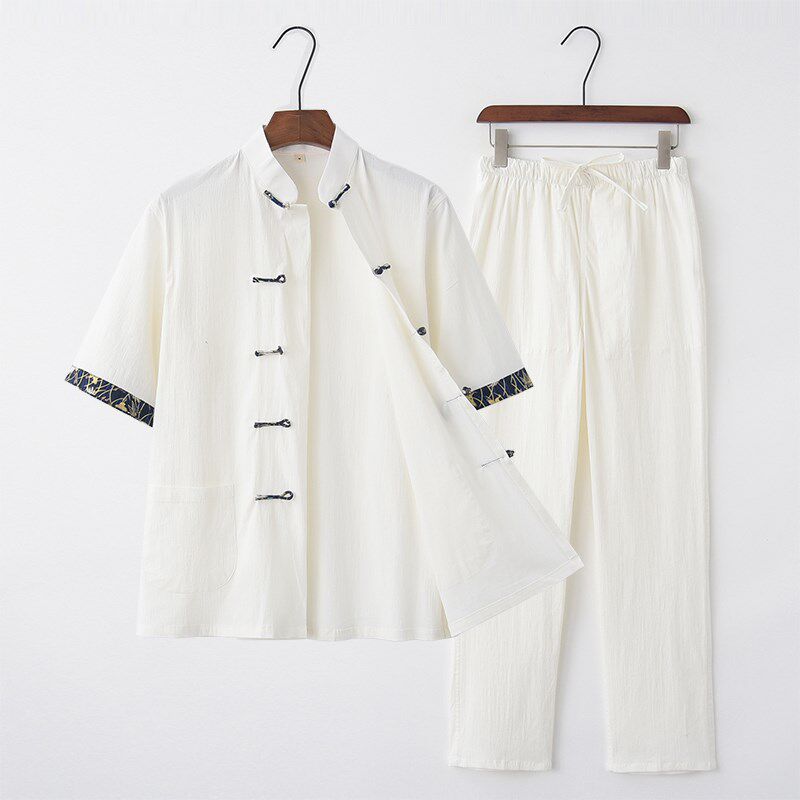 中式复古唐装男短袖衬衫中青年汉服休闲装棉麻半袖套装潮男中山装,男装,唐装,淘宝优惠券,粉丝福利购,淘宝优惠卷