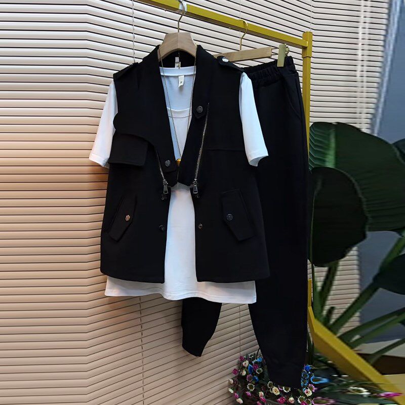 加大码女装拉链马甲黑色显瘦长裤两件套胖妹妹简约白色短袖T恤衫,女装/女士精品,大码套装,淘宝优惠券,粉丝福利购,淘宝优惠卷
