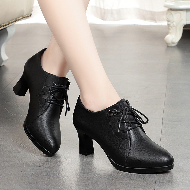 系带高跟鞋真皮深口单鞋女春秋2021年新款女鞋粗跟软底妈妈鞋皮鞋,女鞋,深口单鞋,淘宝优惠券,粉丝福利购,淘宝优惠卷
