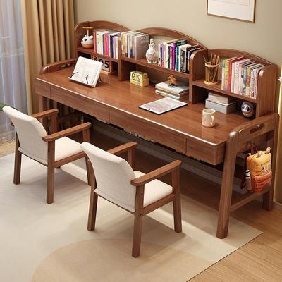 儿童书桌书架组合一体实木双人学习桌家用卧室中小学生写字桌椅子