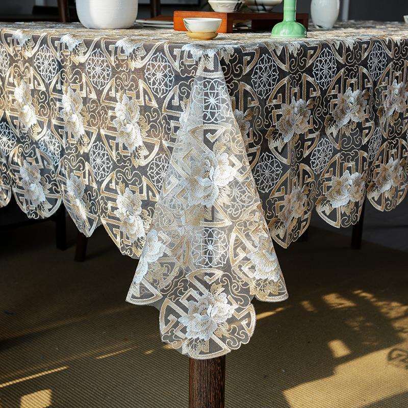新中式桌布长方形家用茶几感刺绣台布镂空盖巾蕾丝餐