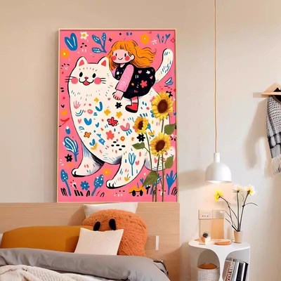 多巴胺可爱卡通猫咪儿童房装饰画高级感轻奢趣味女孩卧室床头挂画