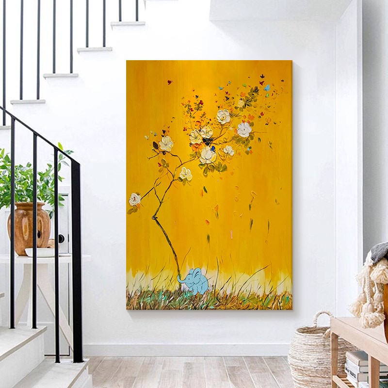 温馨小象肌理纯手绘油画奶油风抽象花卉客厅装饰画玄关治愈系挂画图片