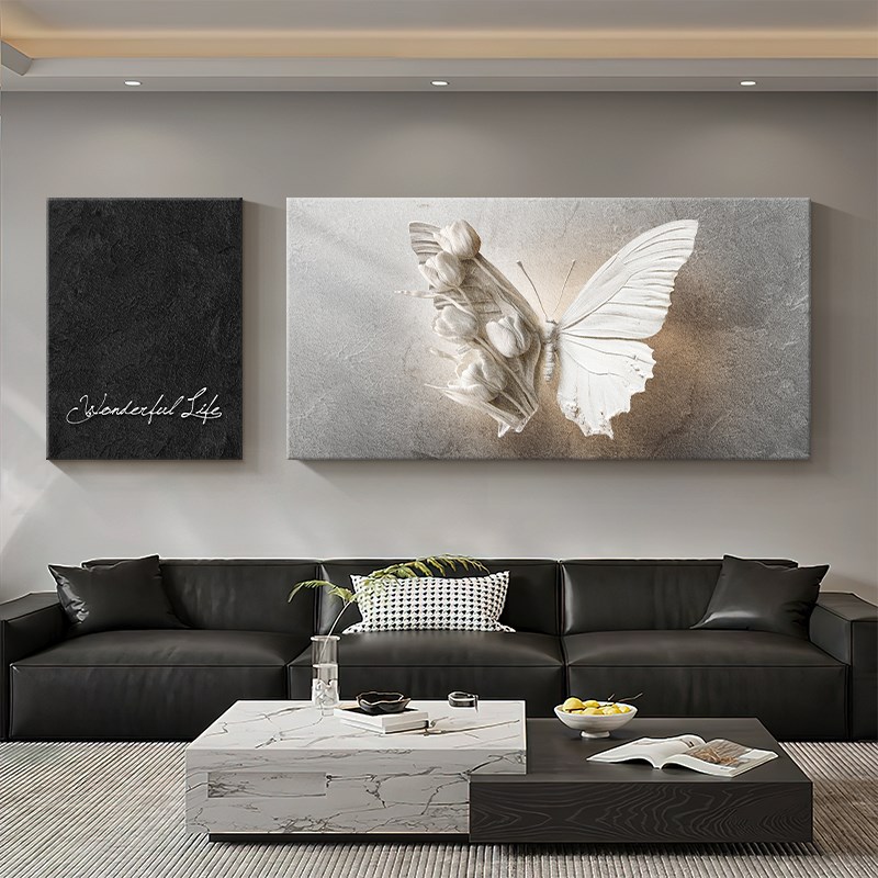 轻奢高级感客厅装饰画浮雕立体感沙发背景墙挂画抽象蝴蝶二联壁画图片