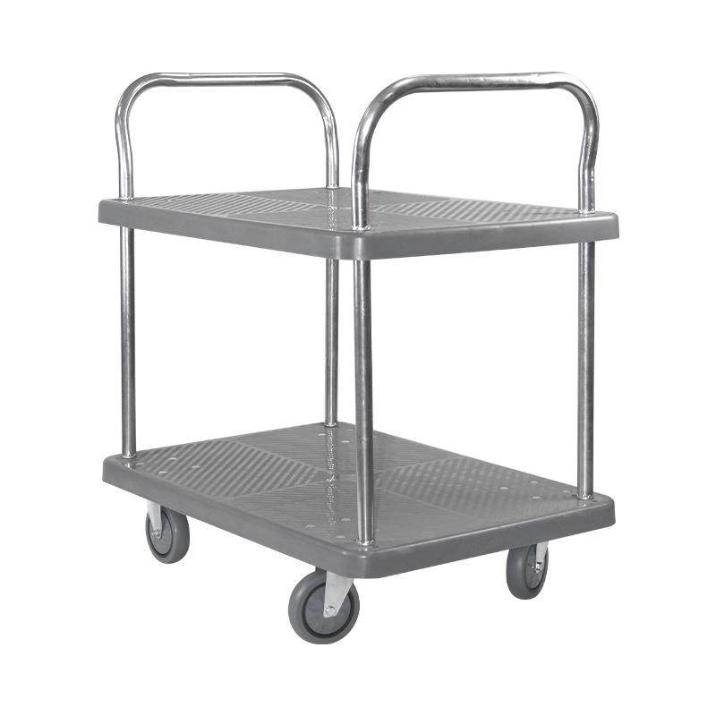 灰色物流手推车双层围栏推车酒店清洁手推车拉货摆摊平板手推车