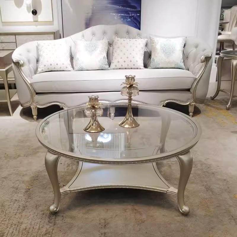 美式轻奢整装圆形茶几家用客厅实木镂空茶桌现代简约钢化玻璃茶台