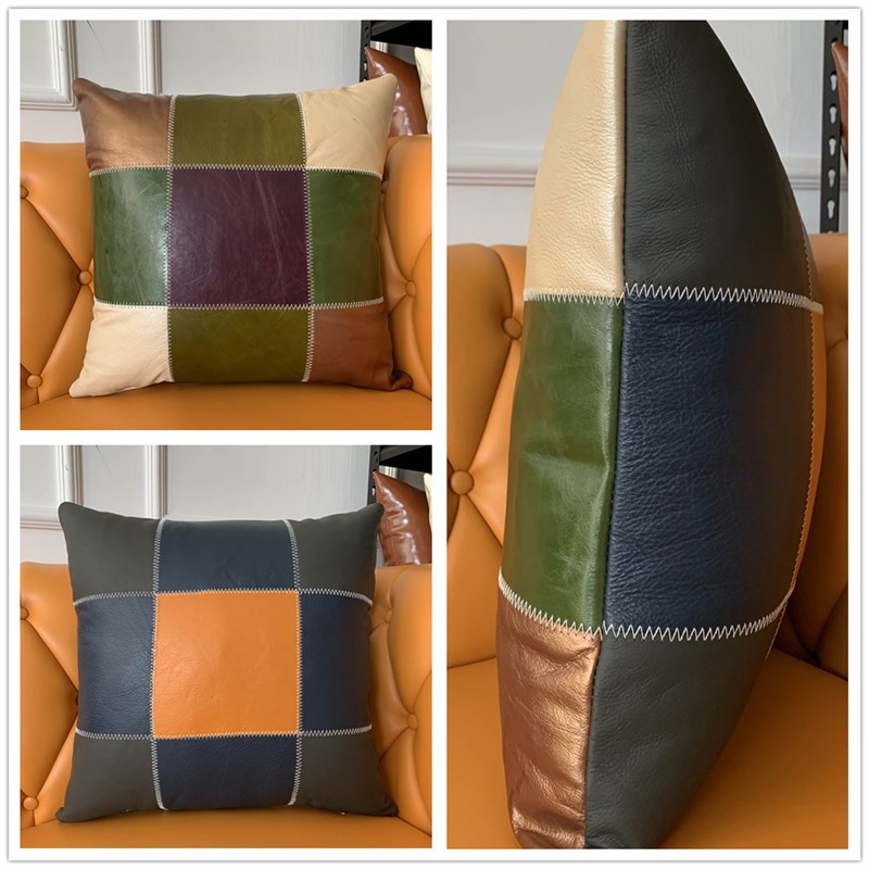 真皮抱枕头层牛皮简约沙发靠背垫轻奢欧J式舒适混色现代客厅腰垫